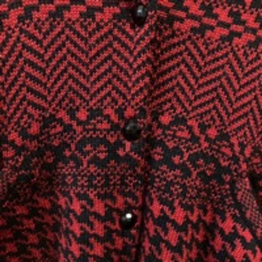 Shari B. Green Collared Cardigan Sweater L Red Black Pockets Vneck Heavy L - Picture 6 of 8